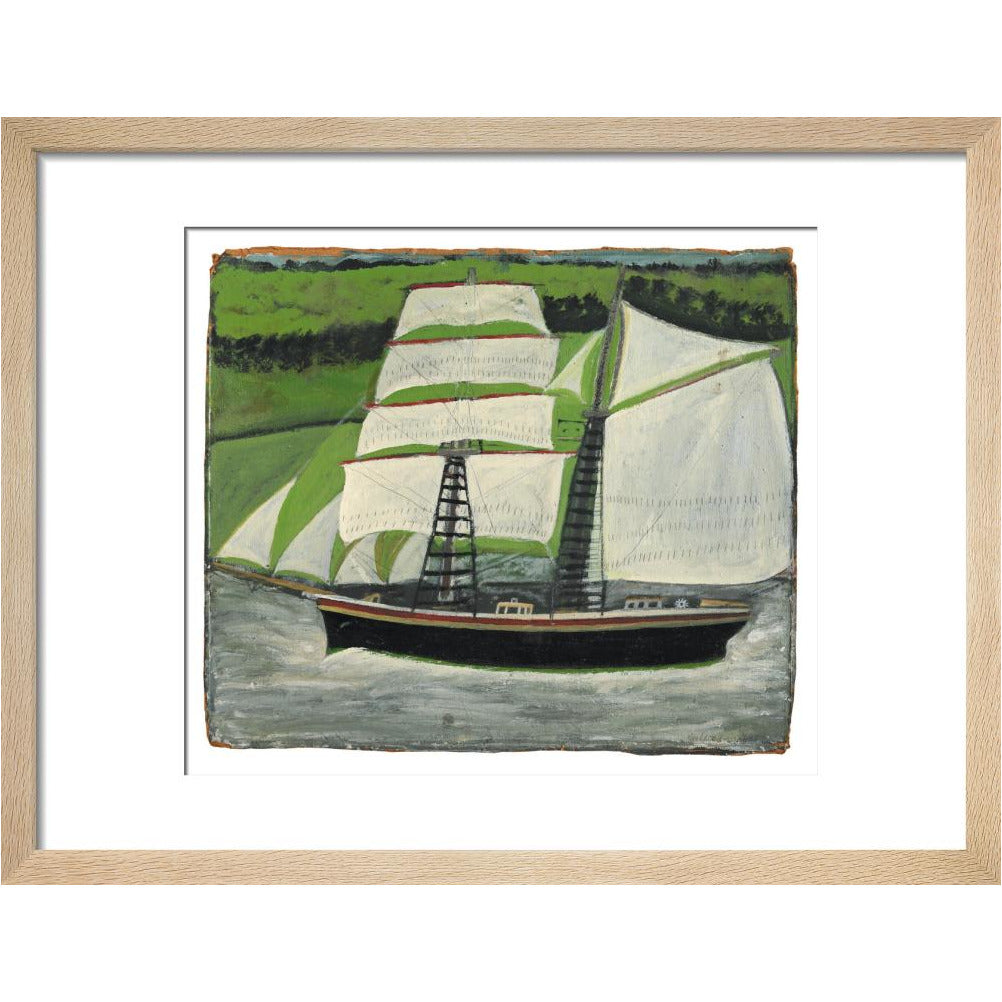 Brigantine sailing past green fields - Art print