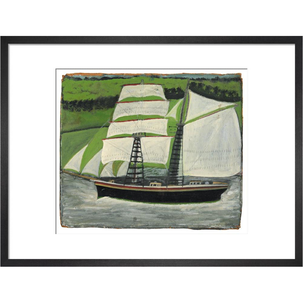 Brigantine sailing past green fields - Art print