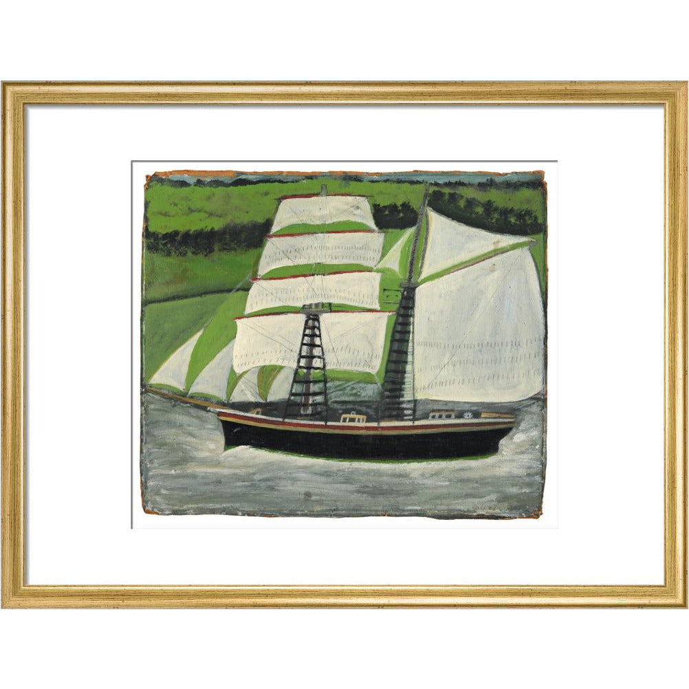 Brigantine sailing past green fields - Art print