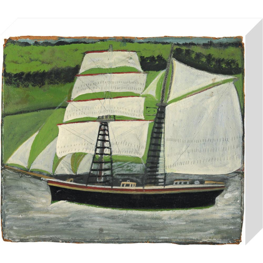 Brigantine sailing past green fields - Art print