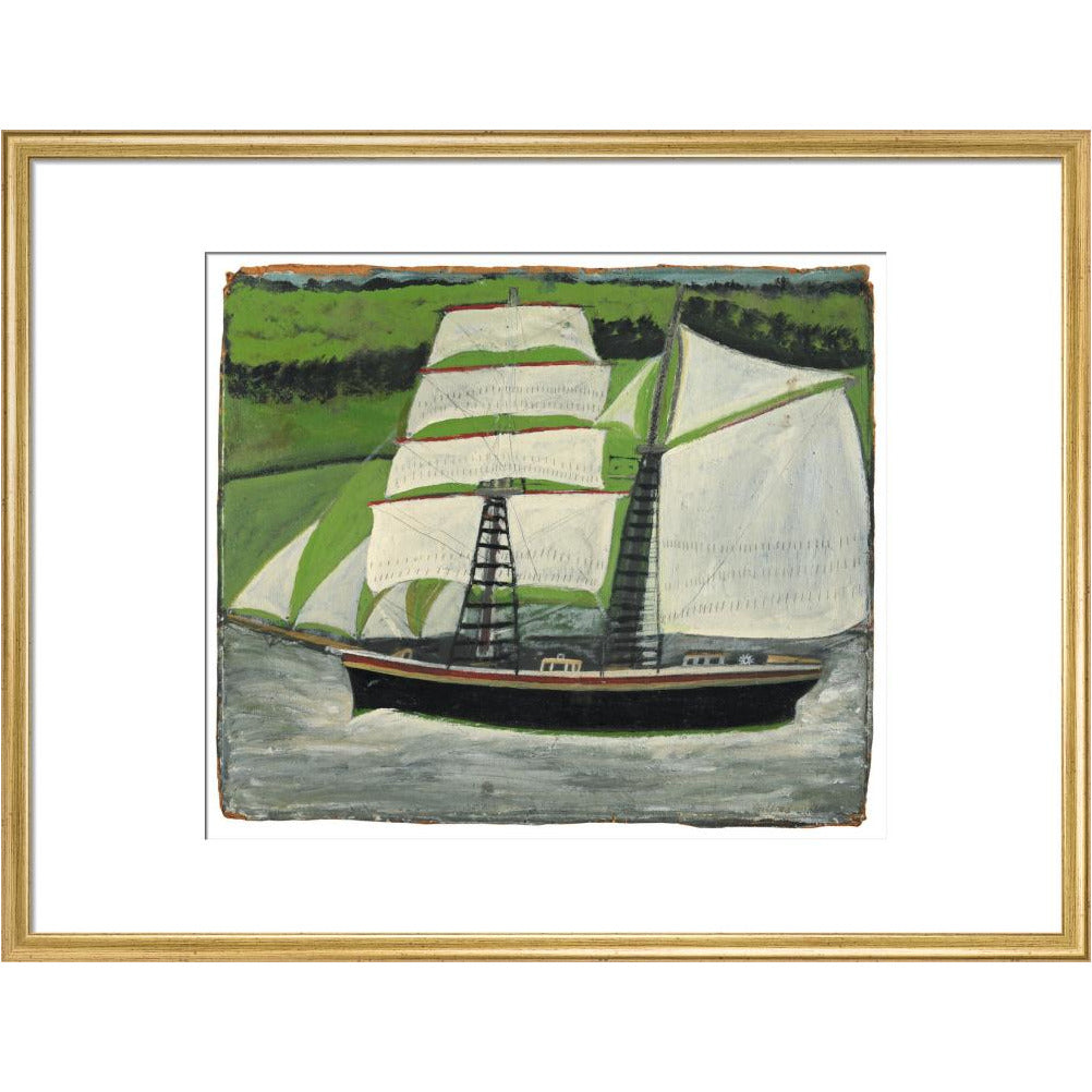 Brigantine sailing past green fields - Art print