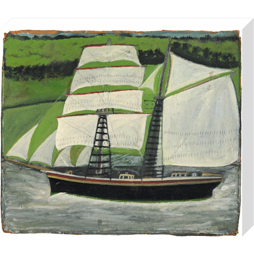 Brigantine sailing past green fields - Art print