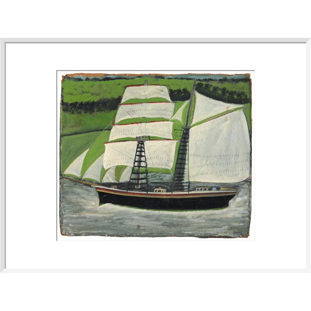 Brigantine sailing past green fields - Art print