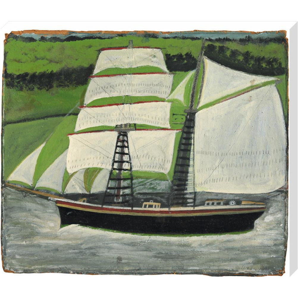 Brigantine sailing past green fields - Art print