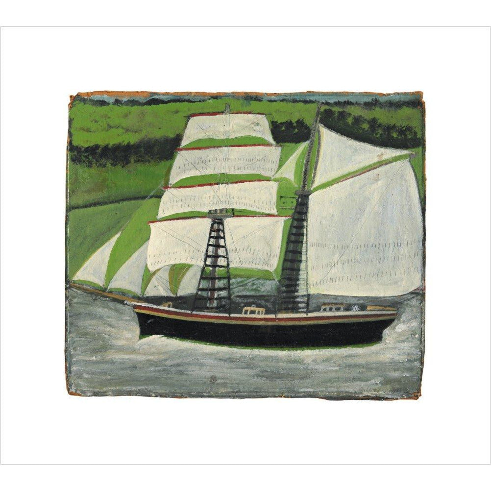 Brigantine sailing past green fields - Art print