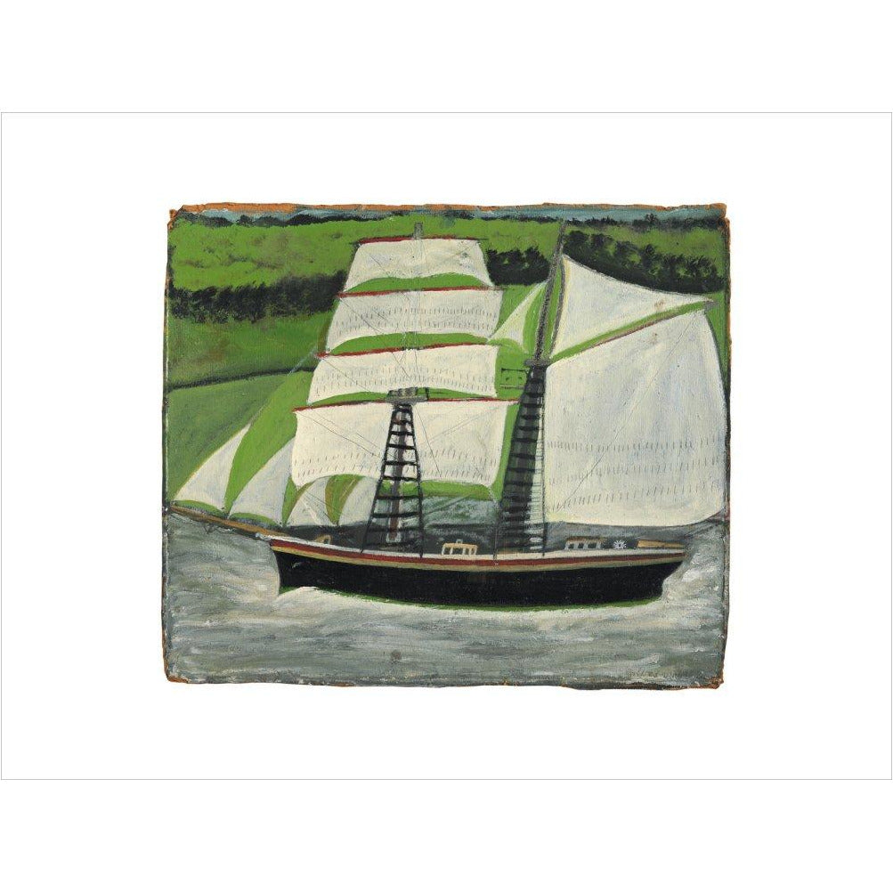 Brigantine sailing past green fields - Art print