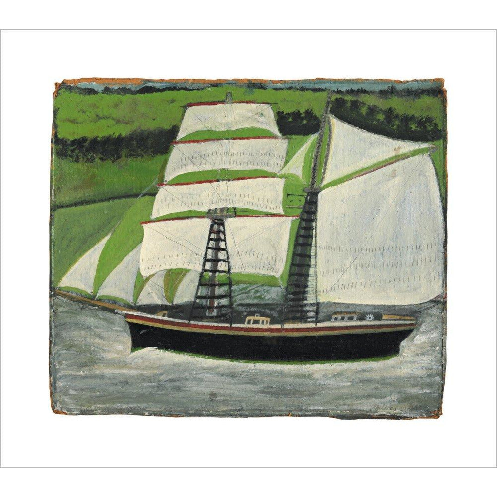 Brigantine sailing past green fields - Art print