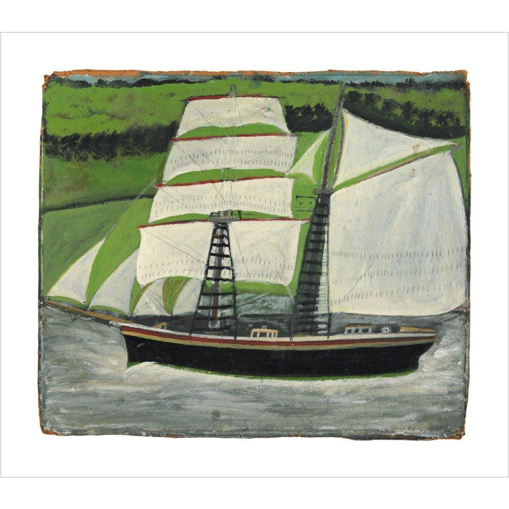 Brigantine sailing past green fields - Art print