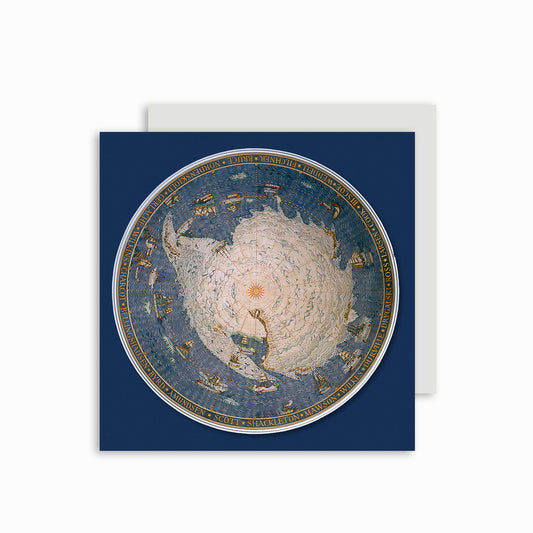 Greeting card featuring a vintage map of the Antarctic with intricate artistic details on a blue background.