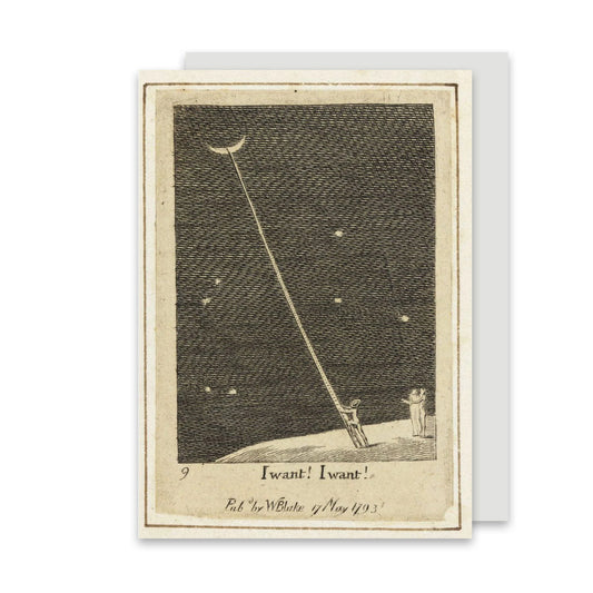 A greeting card featuring a print of the artwork 'I Want! I Want!' by William Blake, depicting a figure reaching towards the moon in a starry night sky.