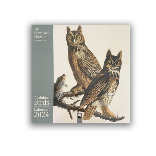 Square cover of 2024 wall calendar. Grey-green vertical strip down the left side with the Fitzwilliam Museum logo, and the words Audubon Birds Calendar 2024. The rest of the cover has an illustration of two long eared owls.