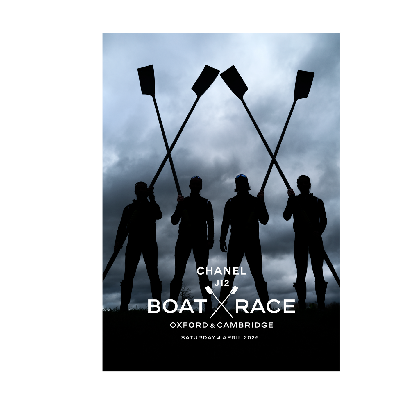 Promotional poster for the Oxford and Cambridge Boat Race featuring silhouettes of rowers with oars against a stormy sky.