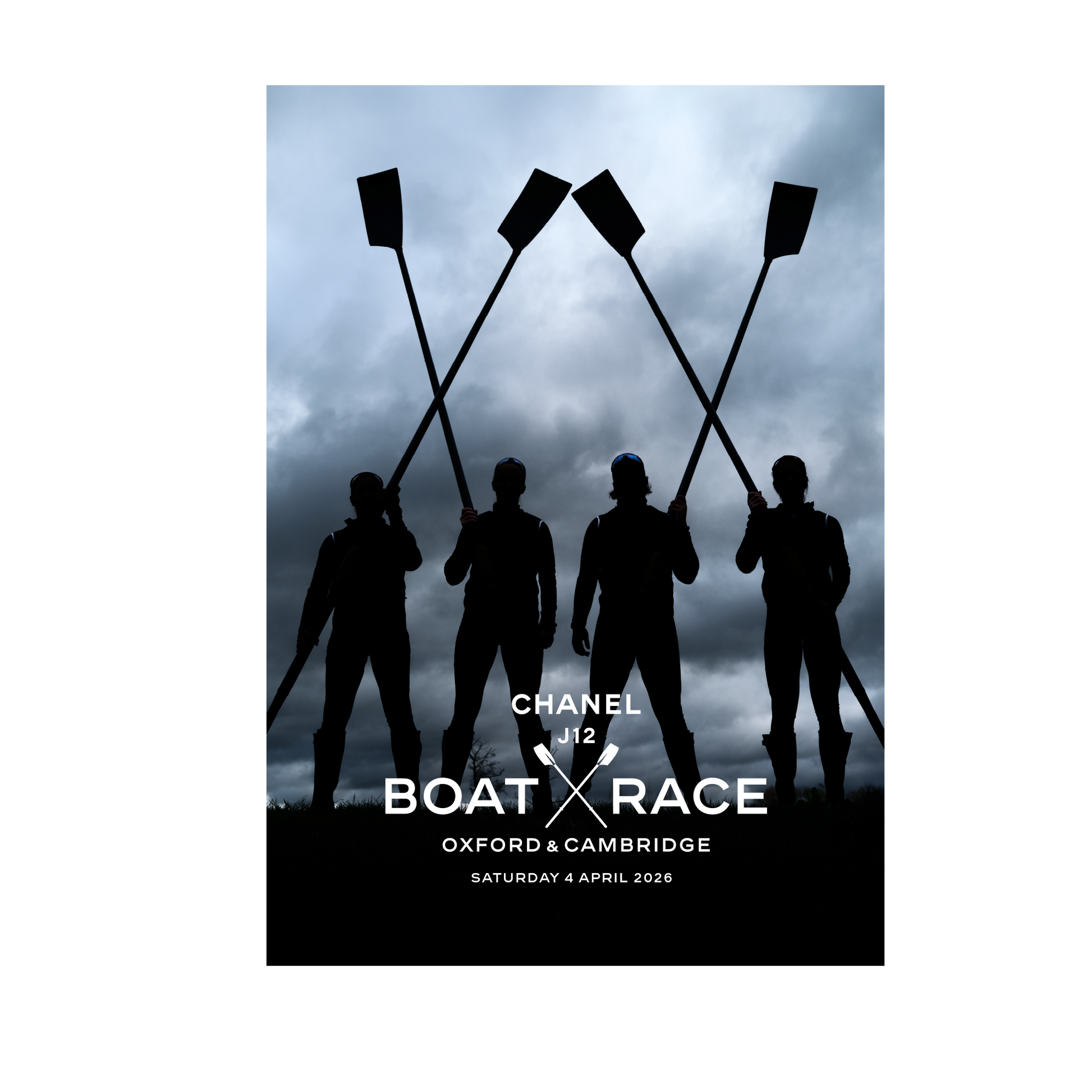 Promotional poster for the Oxford and Cambridge Boat Race featuring silhouettes of rowers with oars against a stormy sky.