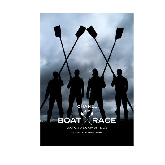 Promotional poster for the Oxford and Cambridge Boat Race featuring silhouettes of rowers with oars against a stormy sky.