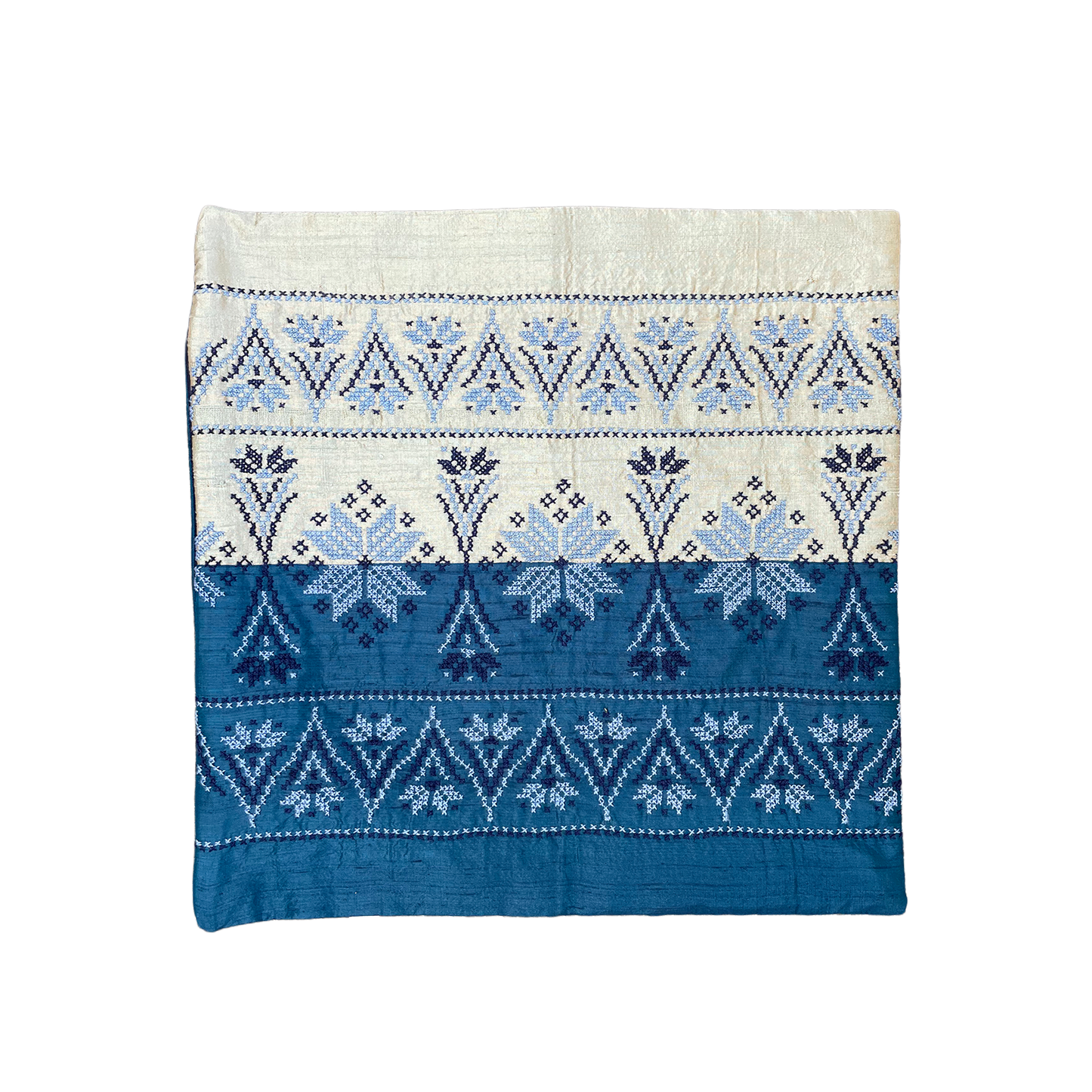 Textile with blue and white pattern on a white background
