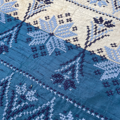 Close-up of embroidered fabric with blue and navy floral patterns on a blue background