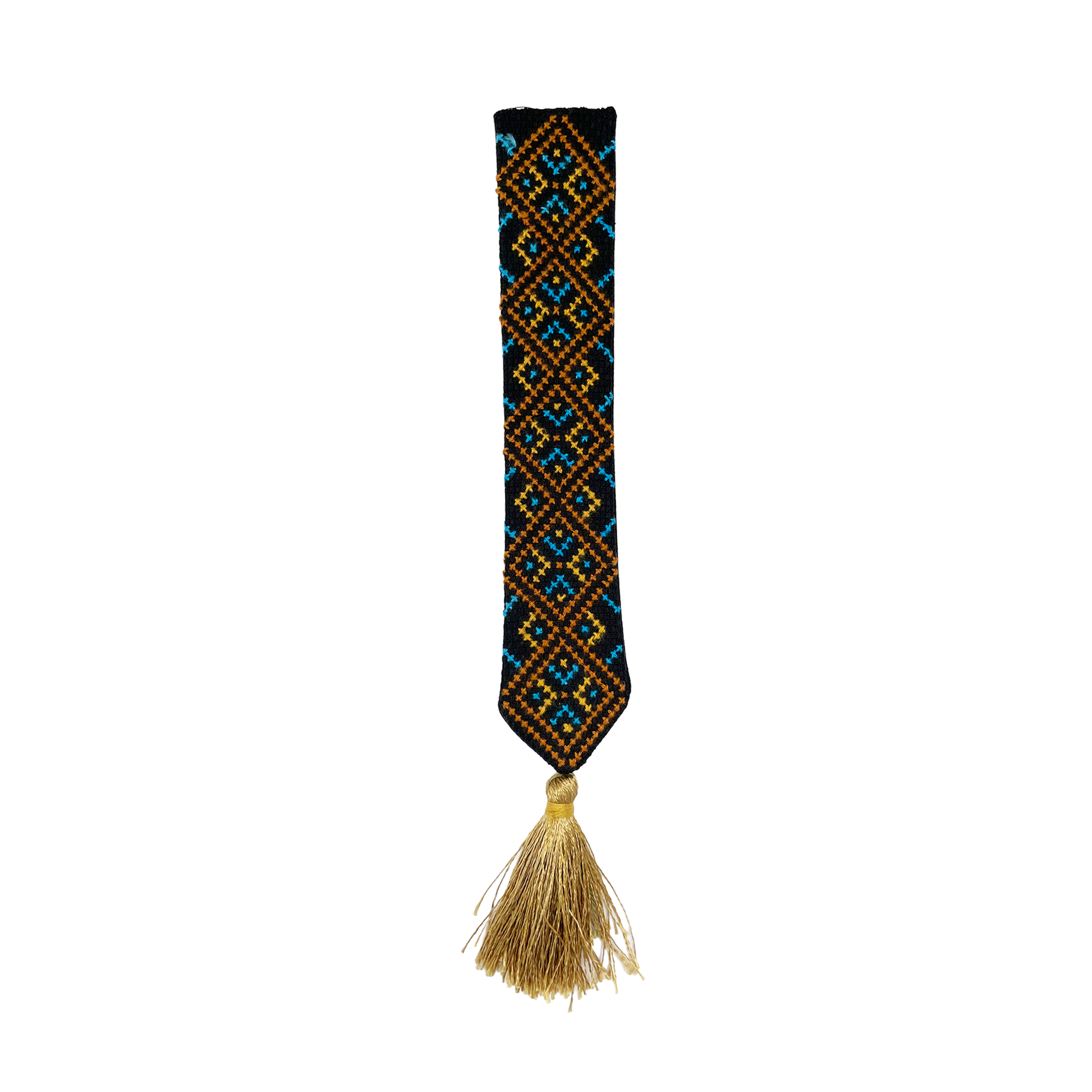 Decorative bookmark with an embroidered geometric pattern and gold tassel on a black background