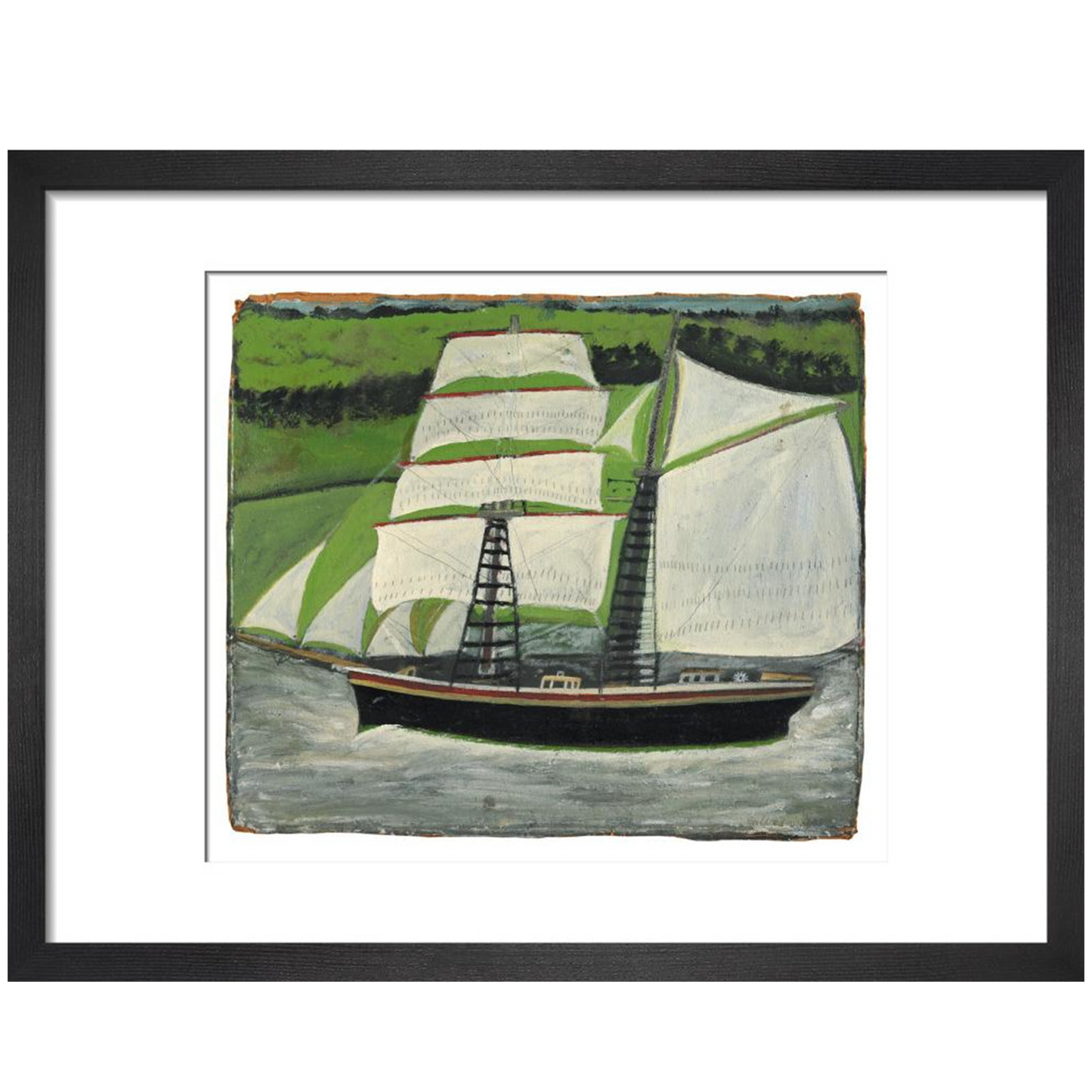 Brigantine sailing past green fields - Art print