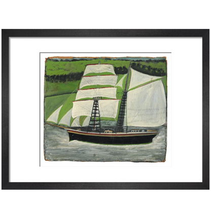 Brigantine sailing past green fields - Art print