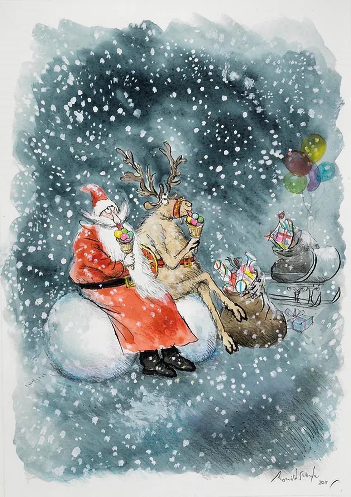 Santa and Rudolf with Ice Cream - Christmas card pack