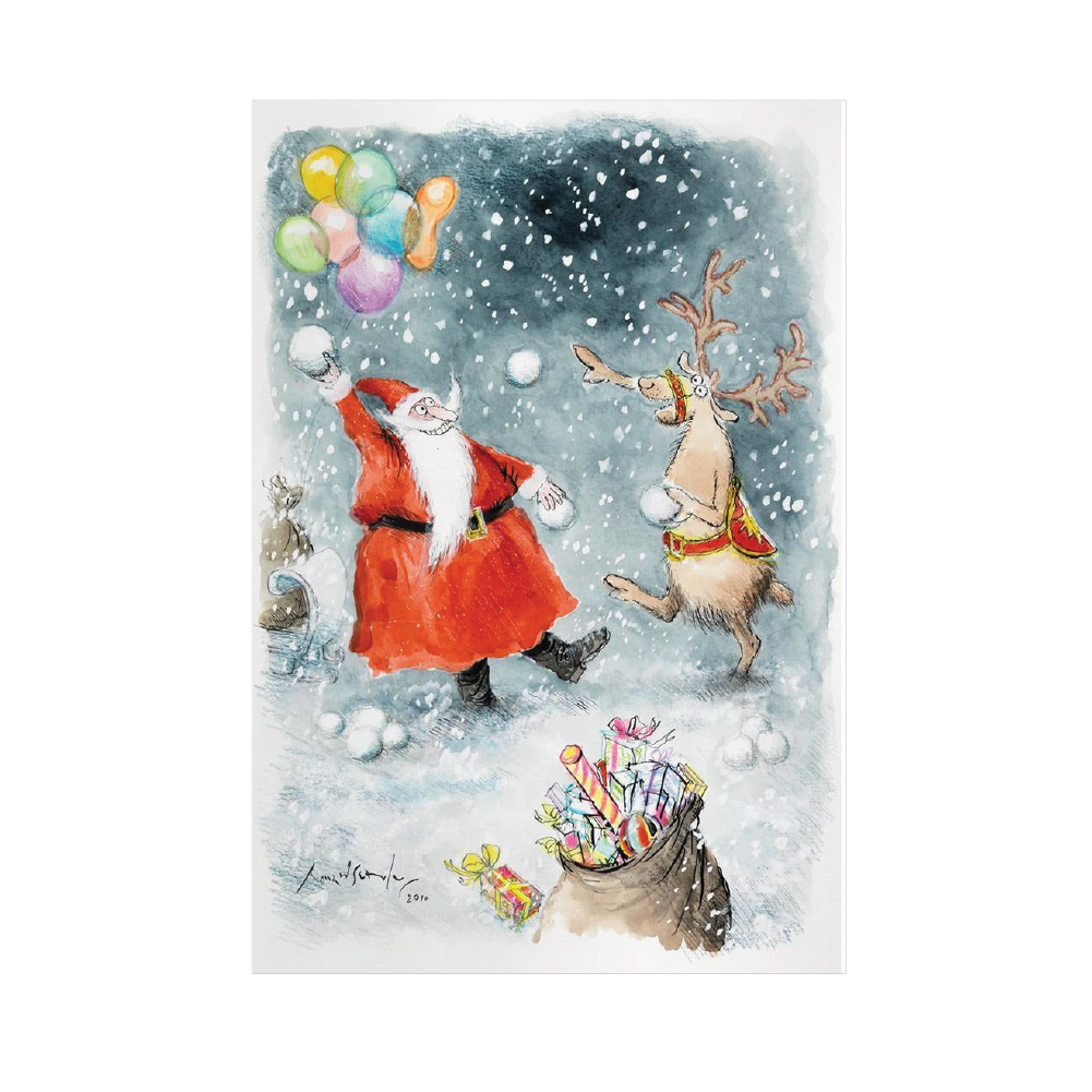 Santa and Rudolf Snowballing - Christmas card pack