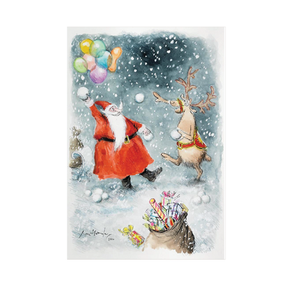 Santa and Rudolf Snowballing - Christmas card pack