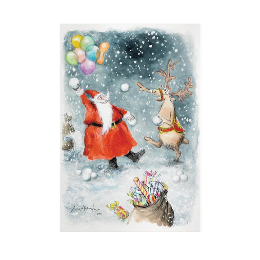 Santa and Rudolf Snowballing - Christmas card pack