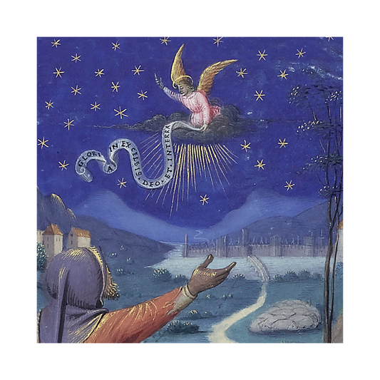 Artistic depiction of a celestial scene with a person pointing towards a serpent-like creature in the sky.