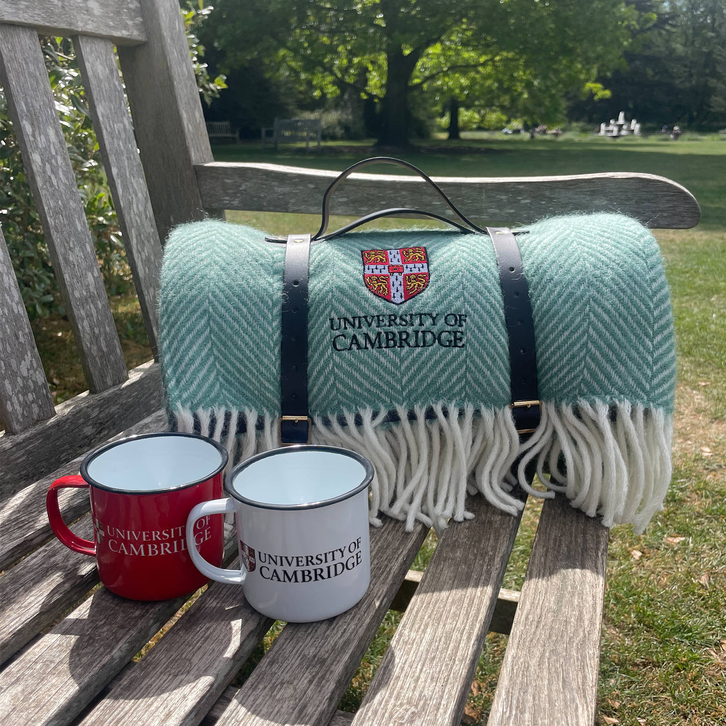 Teal blanket with Cambridge University logo and two mugs on a wooden bench outdoors.