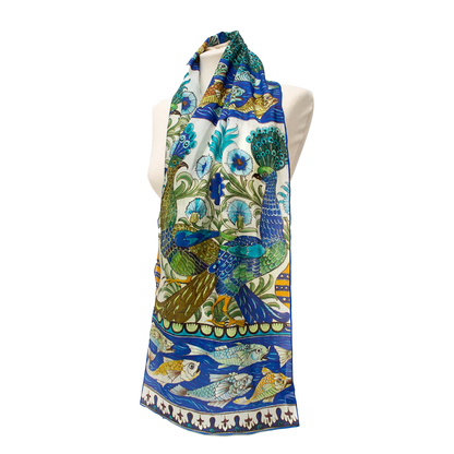 De Morgan Peacock Tiles - Habotai silk scarf