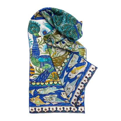 De Morgan Peacock Tiles - Habotai silk scarf