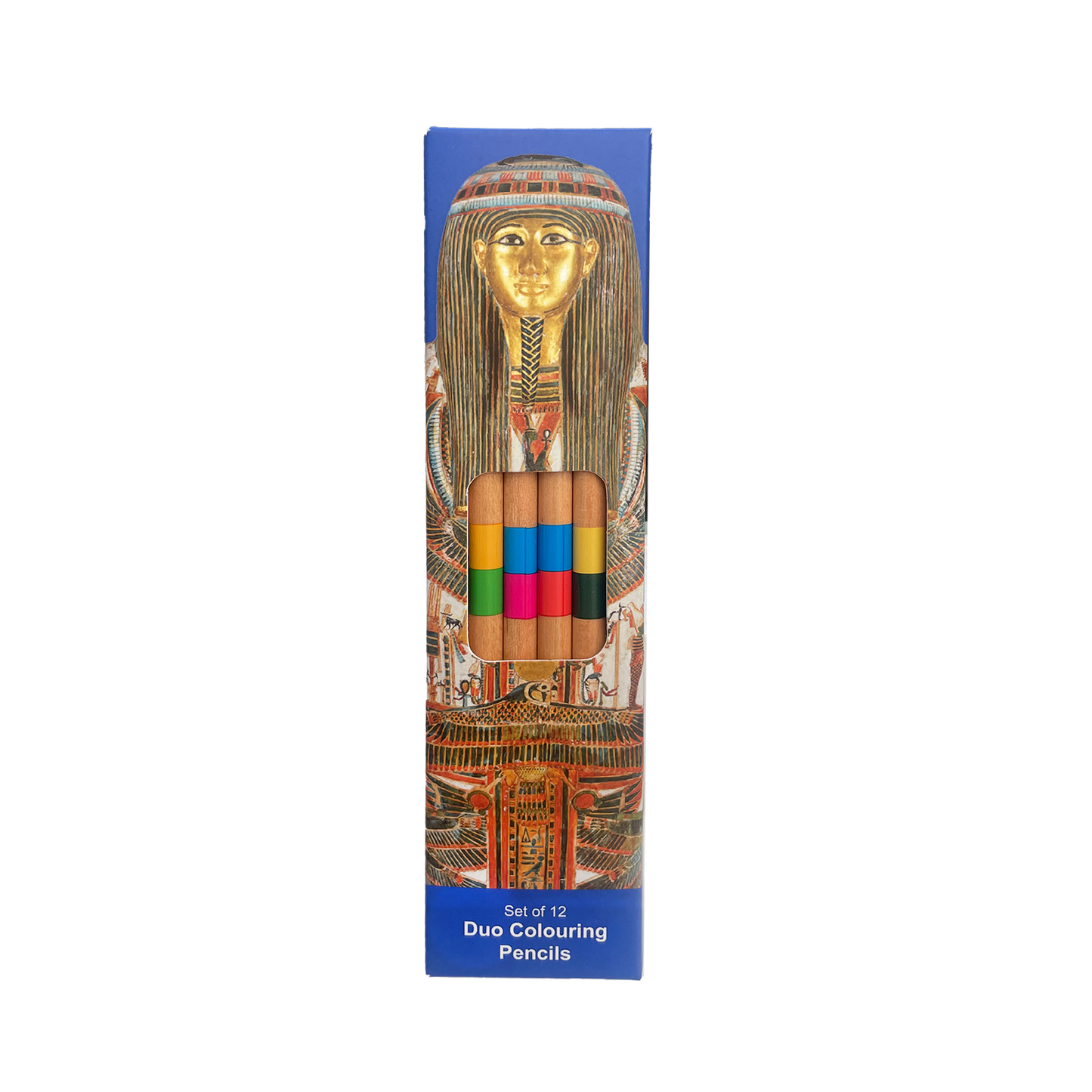 Pack of colouring pencils with an Egyptian-themed design on the packaging