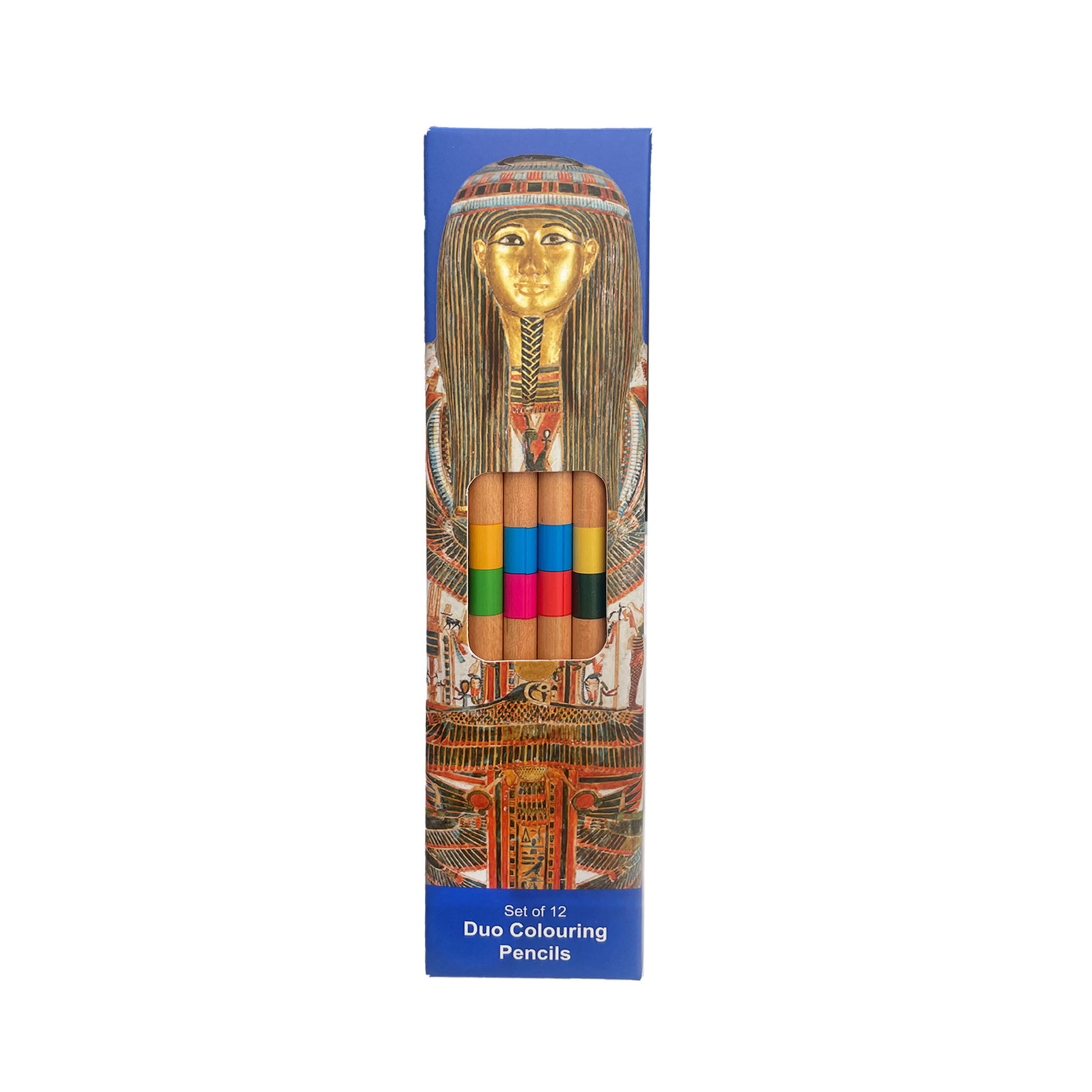 Pack of colouring pencils with an Egyptian-themed design on the packaging