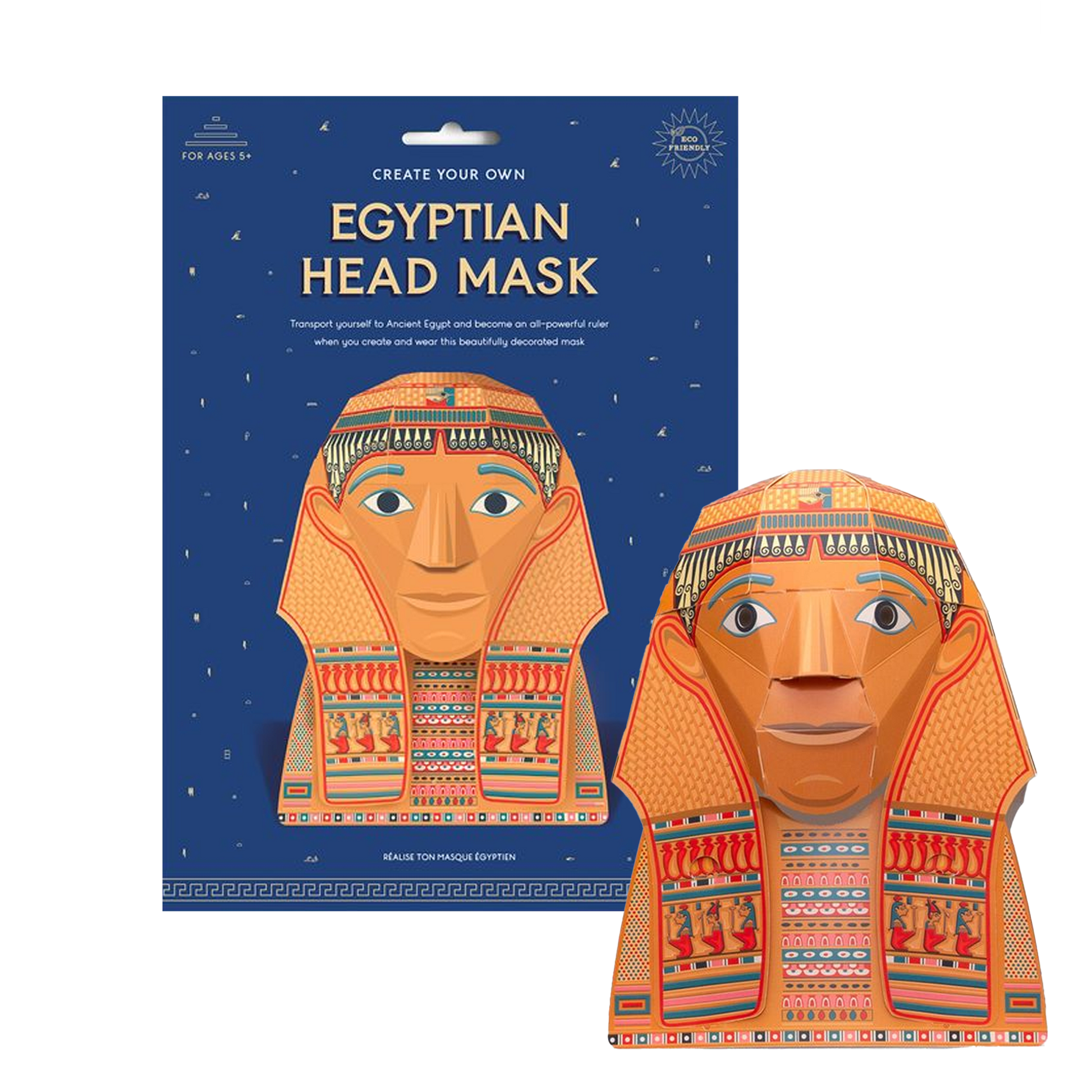 Egyptian head mask packaging with a blue background and an orange mask.