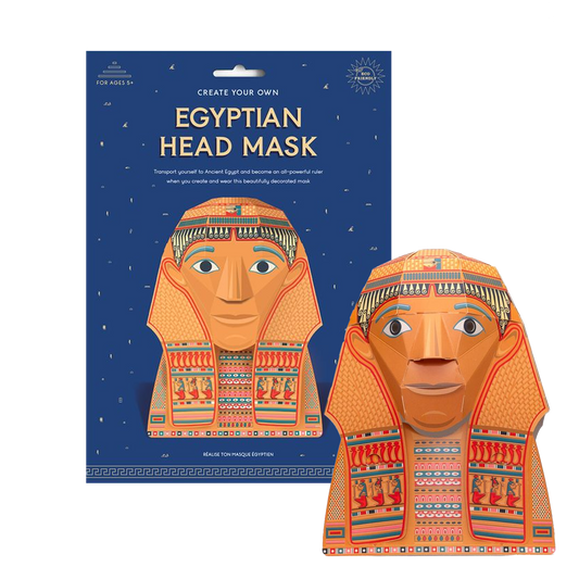Egyptian head mask packaging with a blue background and an orange mask.