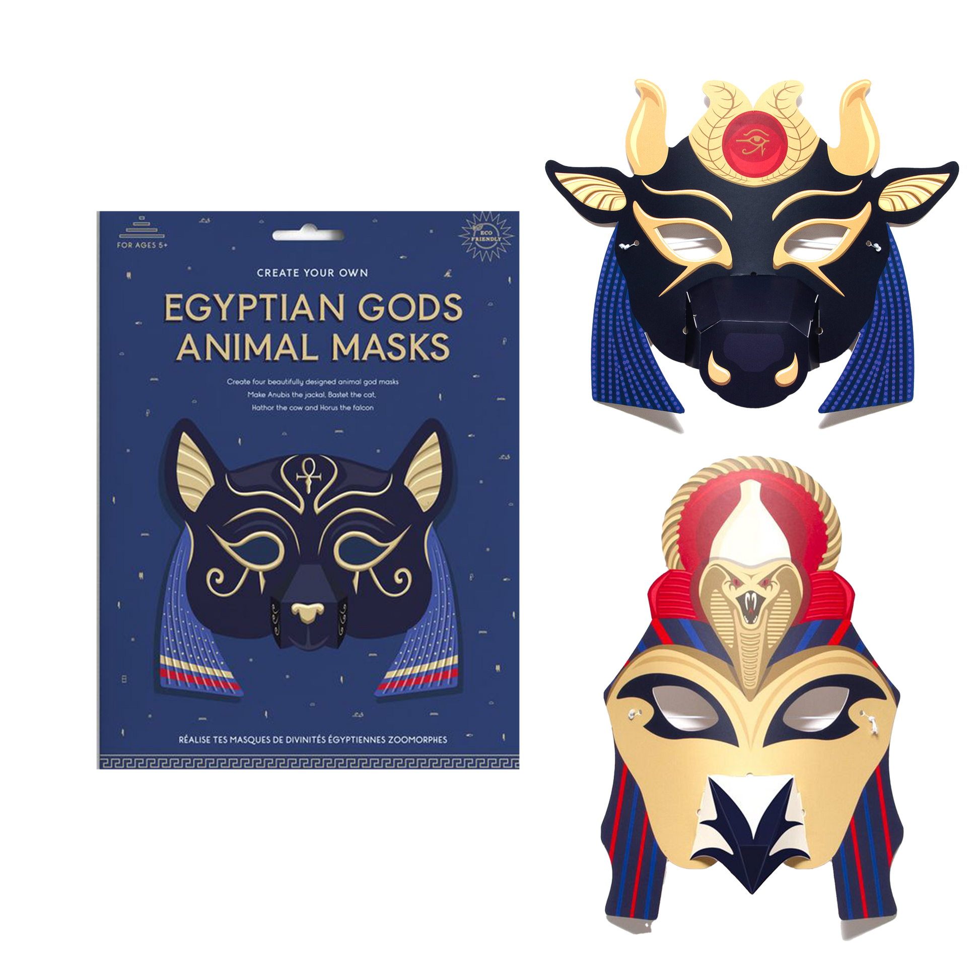Egyptian-themed animal masks with packaging on a white background