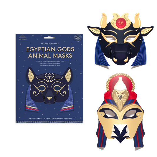 Egyptian-themed animal masks with packaging on a white background