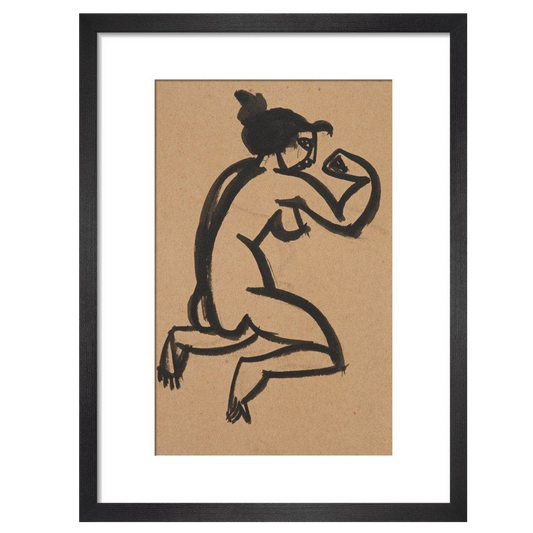 Female nude, kneeling and flexing right arm - Art print