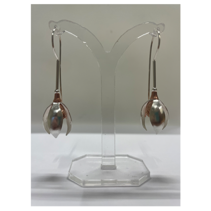 Pair of silver earrings on a clear stand against a white background