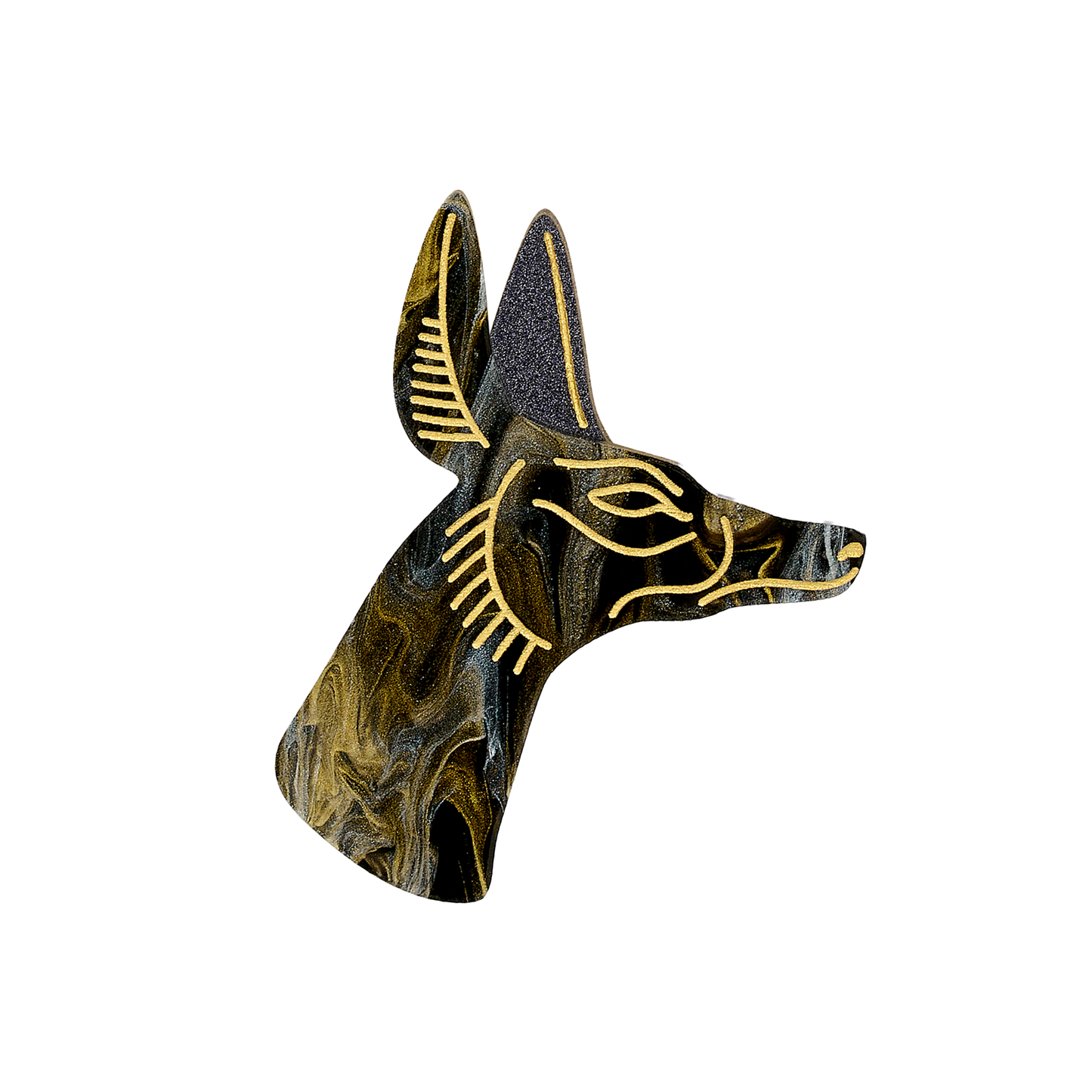 Decorative brooch in Egyptian jackal design. Swirling gold and black acrylic with hand-inked gold detailing.