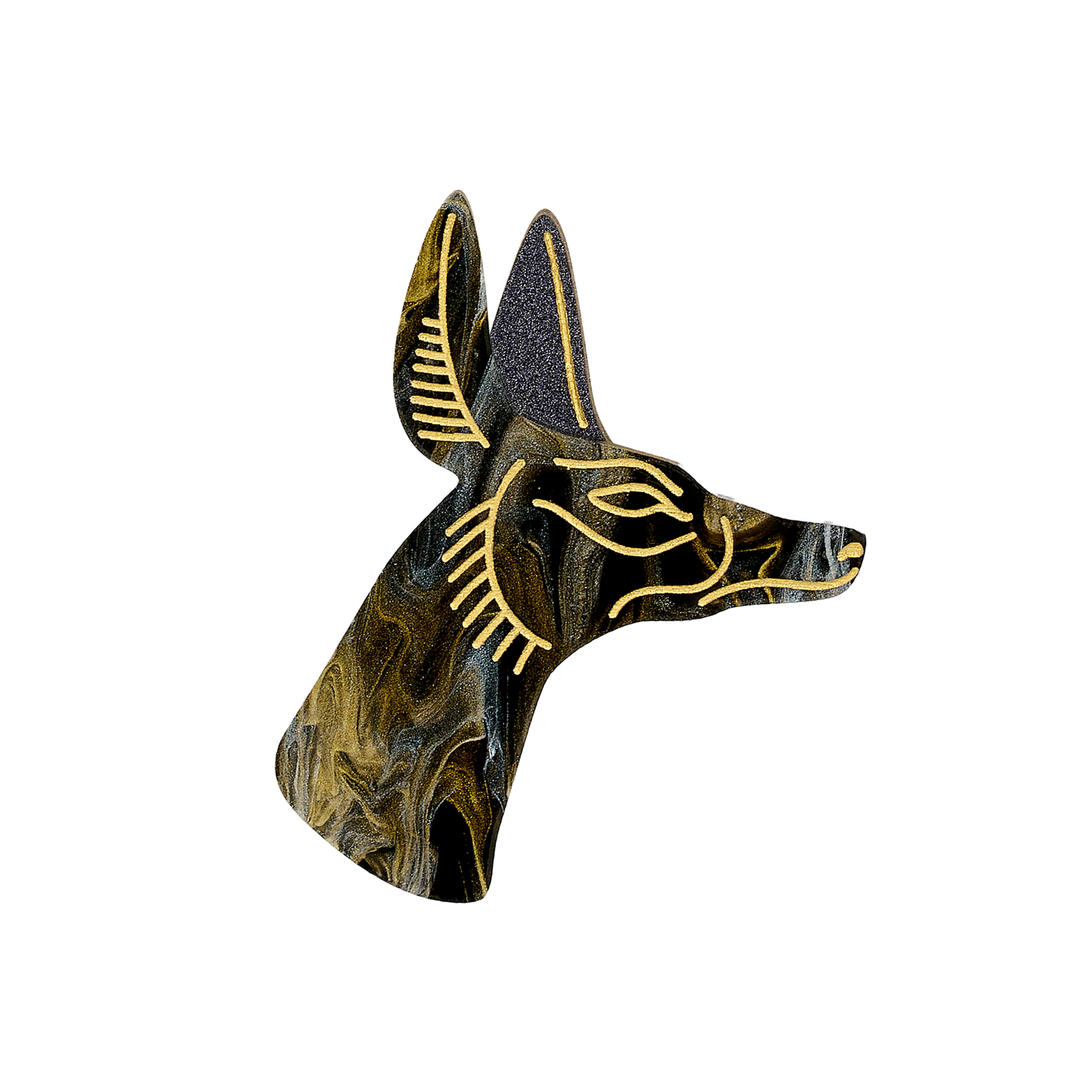 Decorative brooch in Egyptian jackal design. Swirling gold and black acrylic with hand-inked gold detailing.