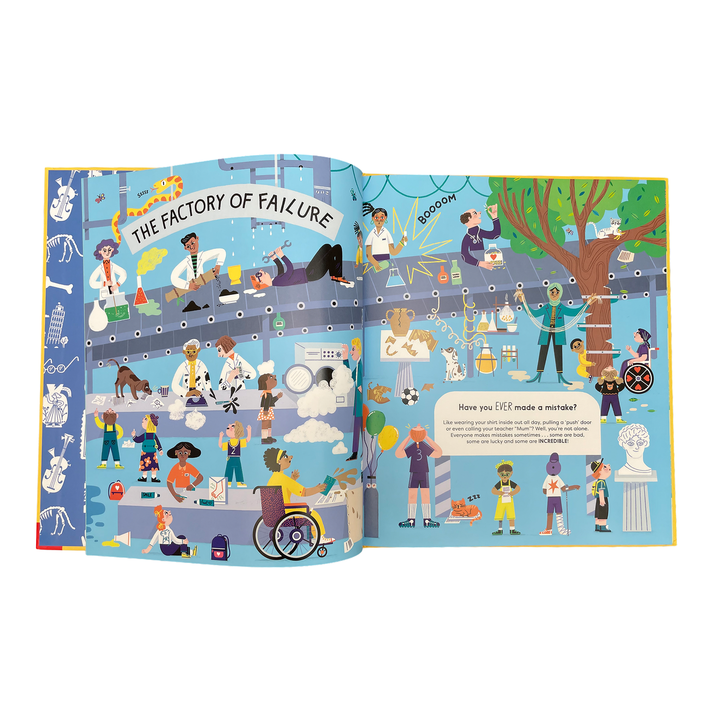 Illustrated book open to a page titled 'The Factory of Failure' with various characters and scenes.