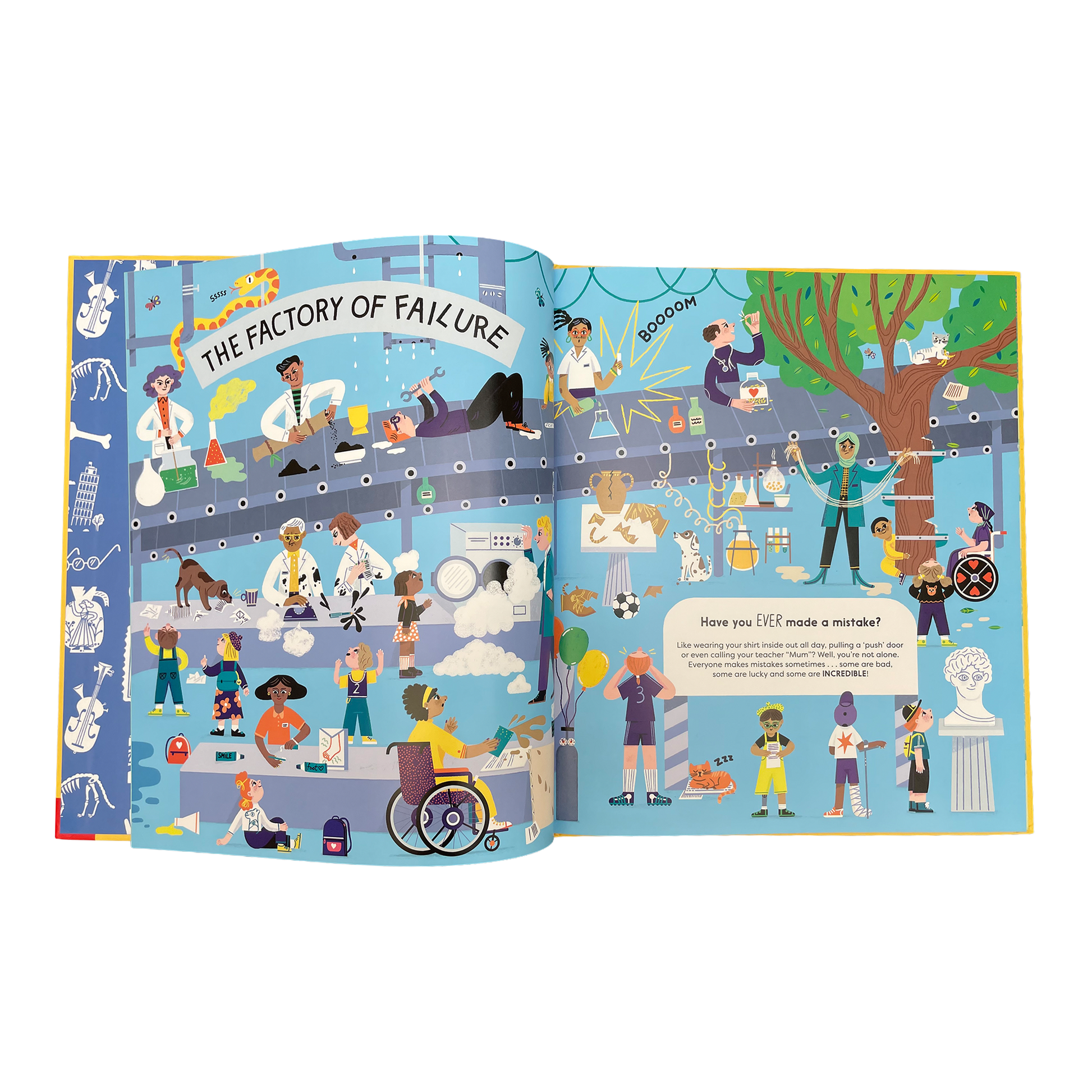 Illustrated book open to a page titled 'The Factory of Failure' with various characters and scenes.