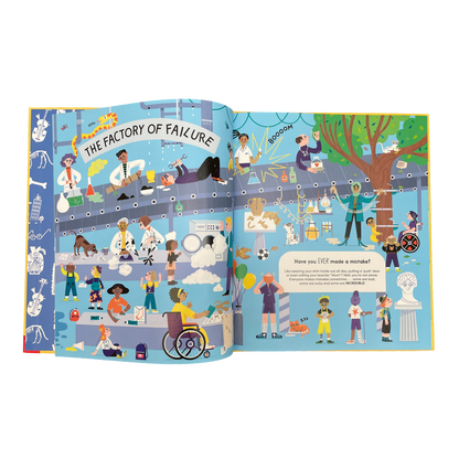 Illustrated book open to a page titled 'The Factory of Failure' with various characters and scenes.