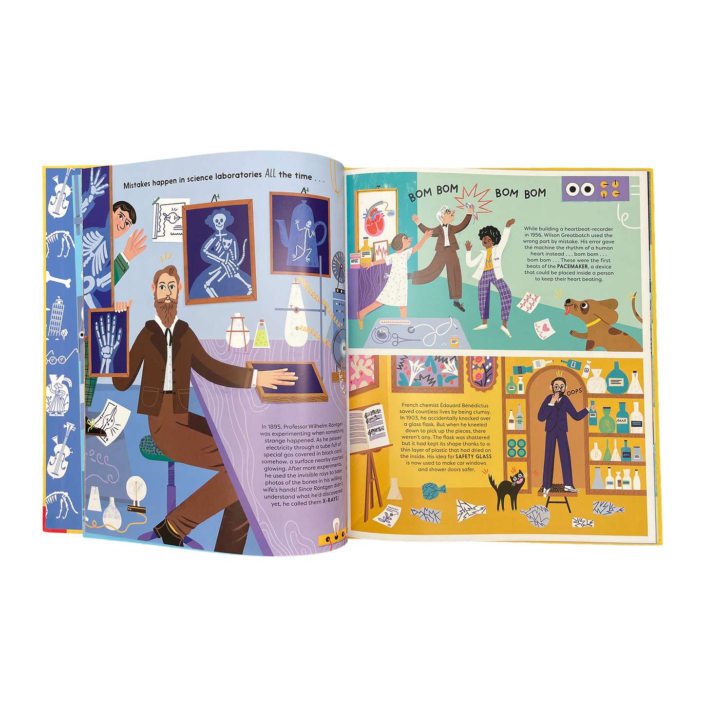 Illustrated book open to two pages with colorful illustrations and text.