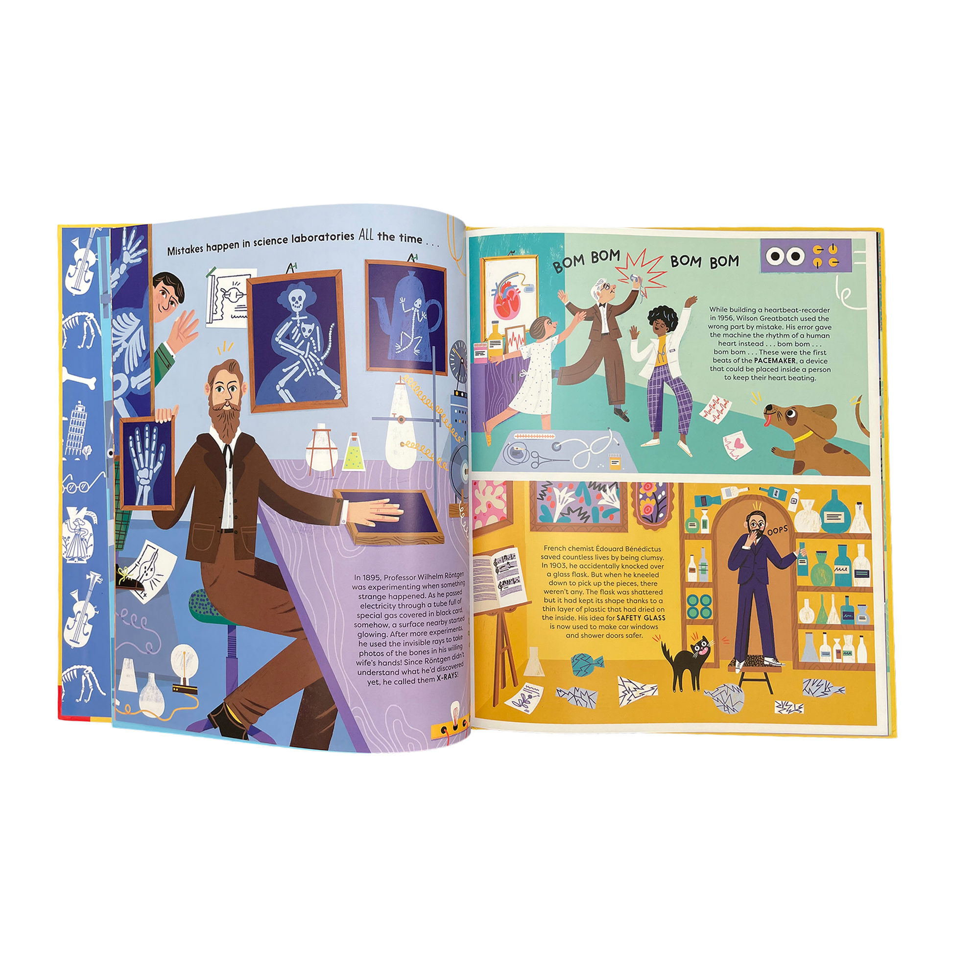 Illustrated book open to two pages with colorful illustrations and text.