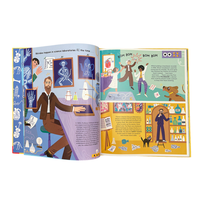 Illustrated book open to two pages with colorful illustrations and text.