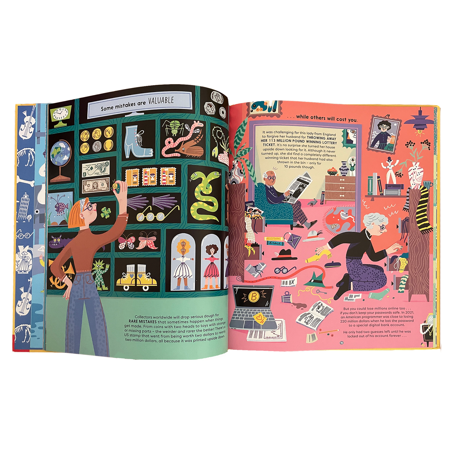 Illustrated book open to two pages with colourful graphics and text.