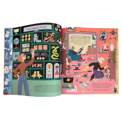 Illustrated book open to two pages with colourful graphics and text.