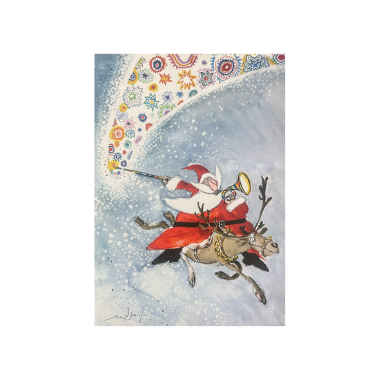 Christmas card with illustration of Santa Claus riding a reindeer with a colourful rainbow arch above them on a snowy background.